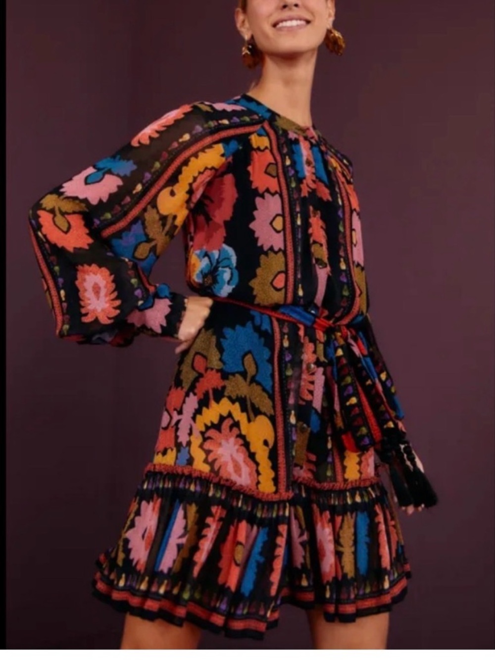 Farm Rio Flowers Floral Long Sleeve Mini Dress - Picture 4 of 16